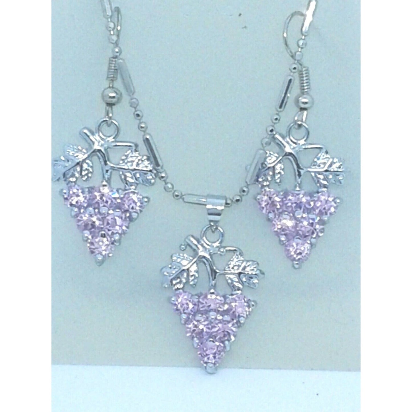 Necklace Earrings Set Pink Crystal Grape Cluster Leaves Vines 1" Long