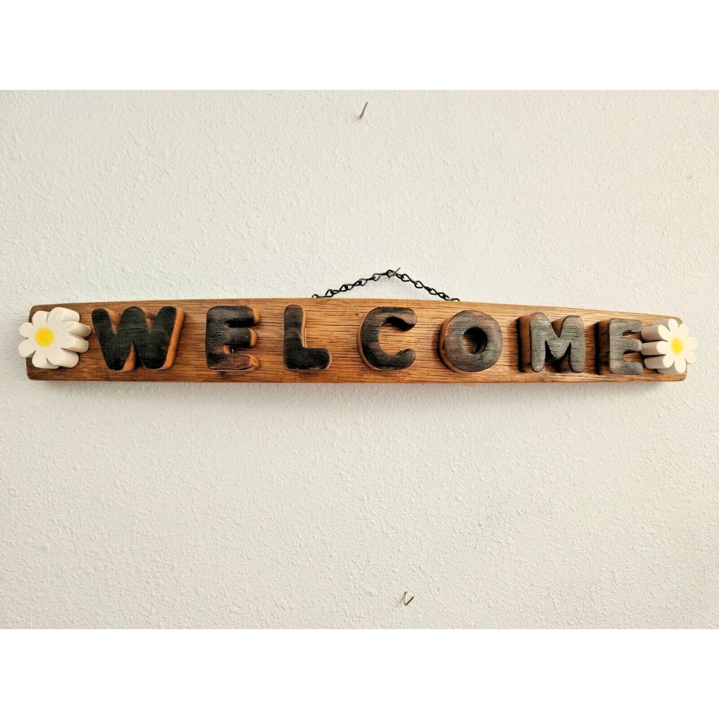 Wood Sign Wine Stave says "Welcome", Flowers on ends Letters Cut from Stave