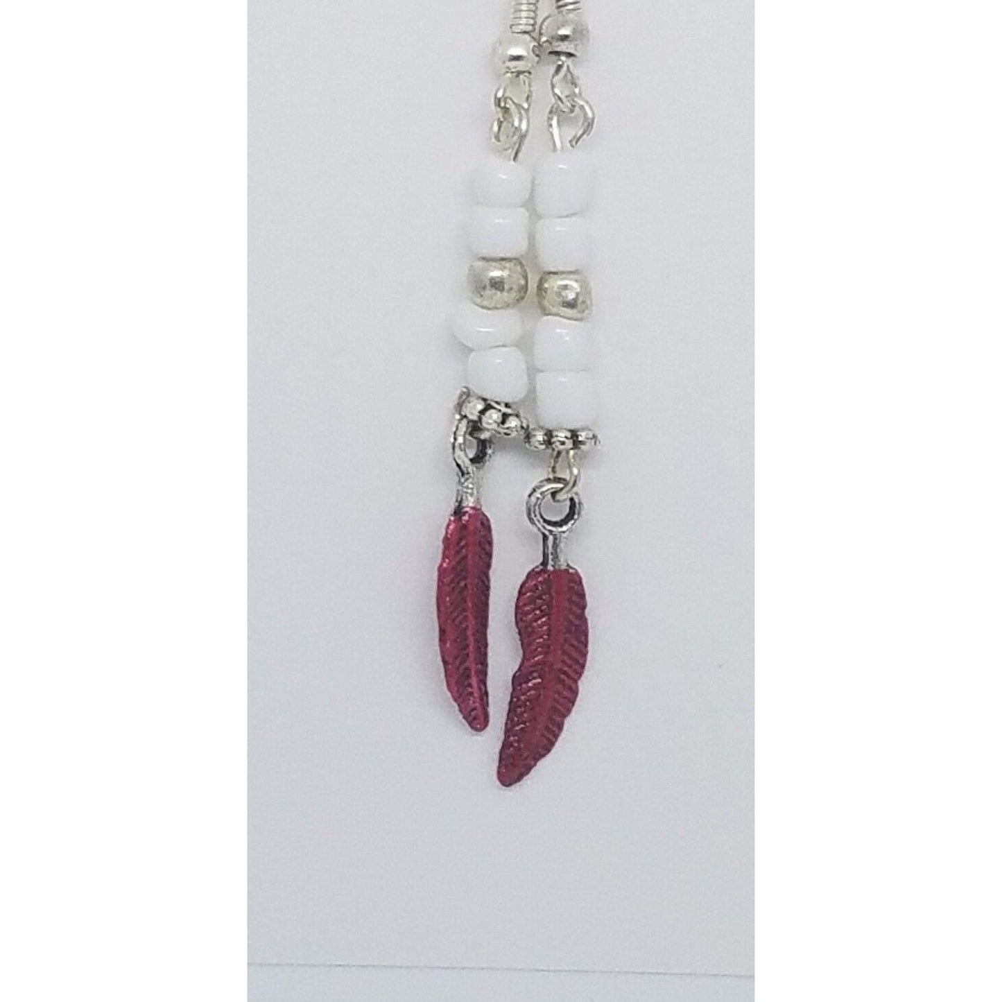 Earrings Small Painted Red Feather Charm Sterling Wire White & Silver Beads 2"