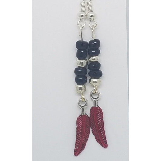 Earrings Small Painted Red Feather Charm Sterling Wire Black & Silver Beads 2"