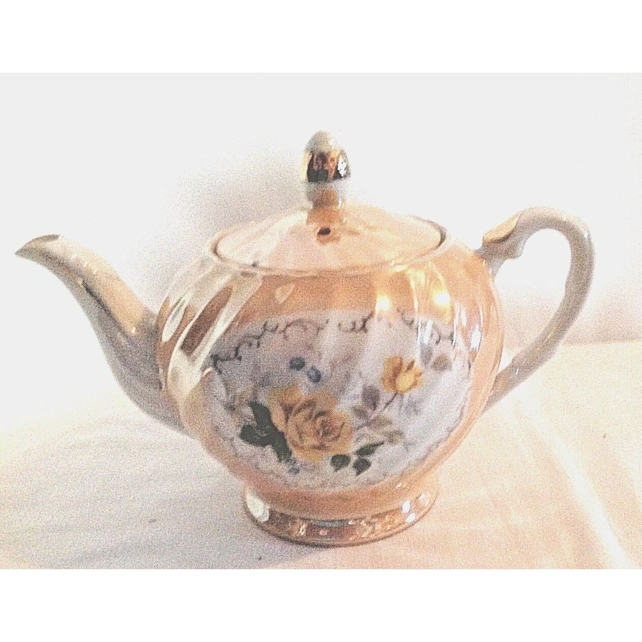 Tea pot Painted Textured Lid made in Japan Yellow Roses 6" Tall top Lid 8" wide