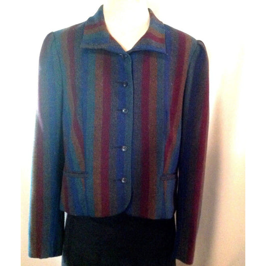 Jacket Women Swingles Size 13/14 Red Brown Blue Striped Long Sleeves Lined