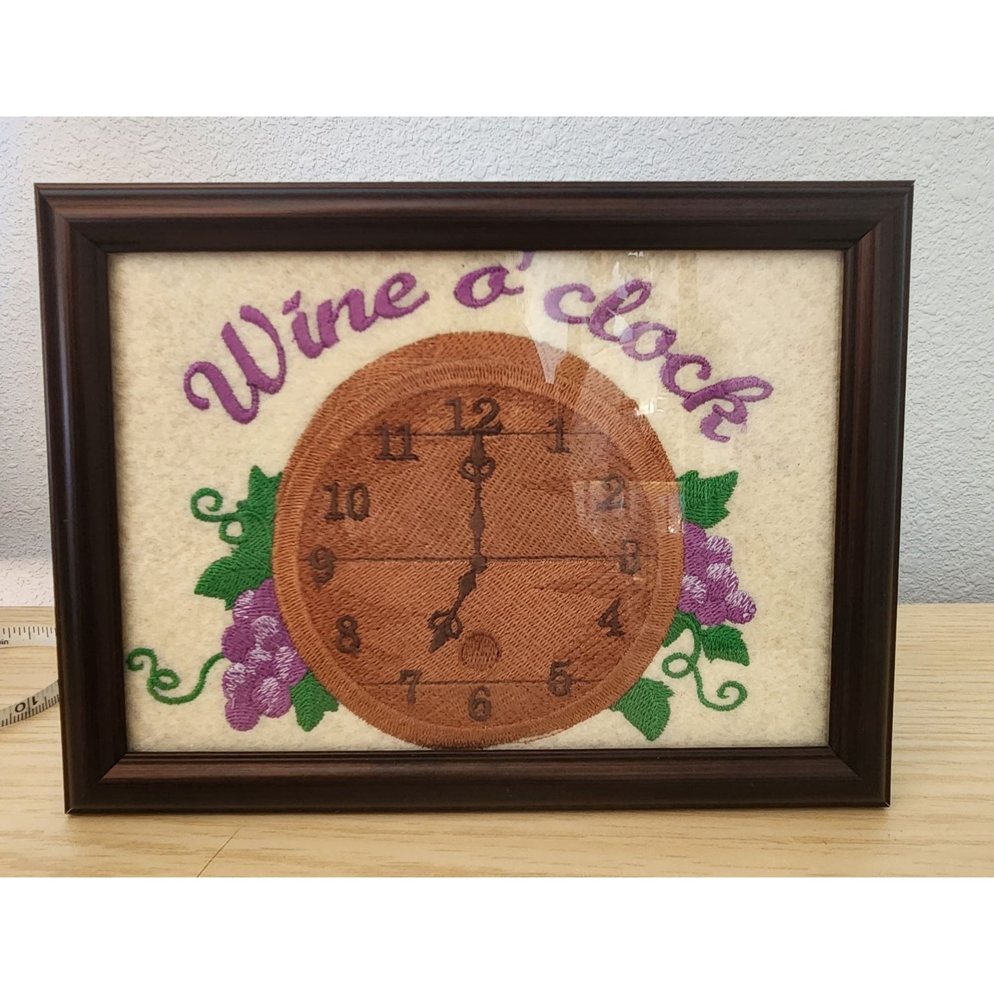 Embroidered 8" x 6" Frame Says Wine O'clock Clock Face Grapes Leaves Harbortown Industries Il.