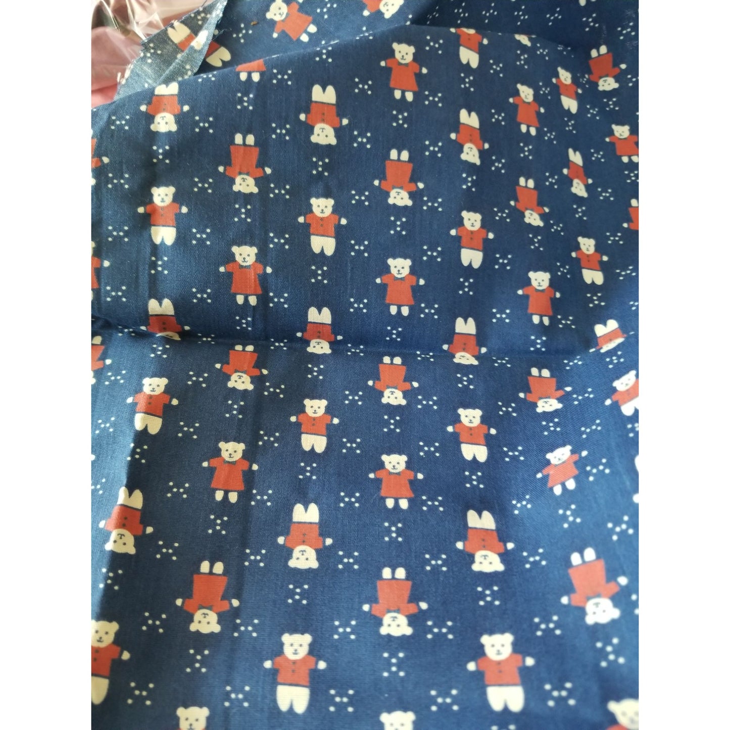 Material Blue Teddy Bears Red Shirts  Cotton Blend  1 yard  Craft Clothing fabric