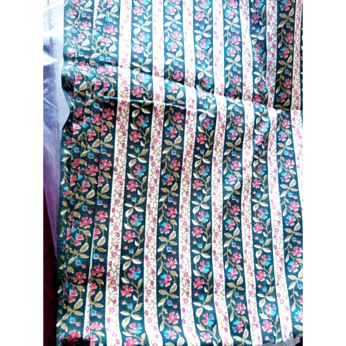 Material Cotton Stripes Blue White Flowers Pink Roses   45" 2 1/2 Yards