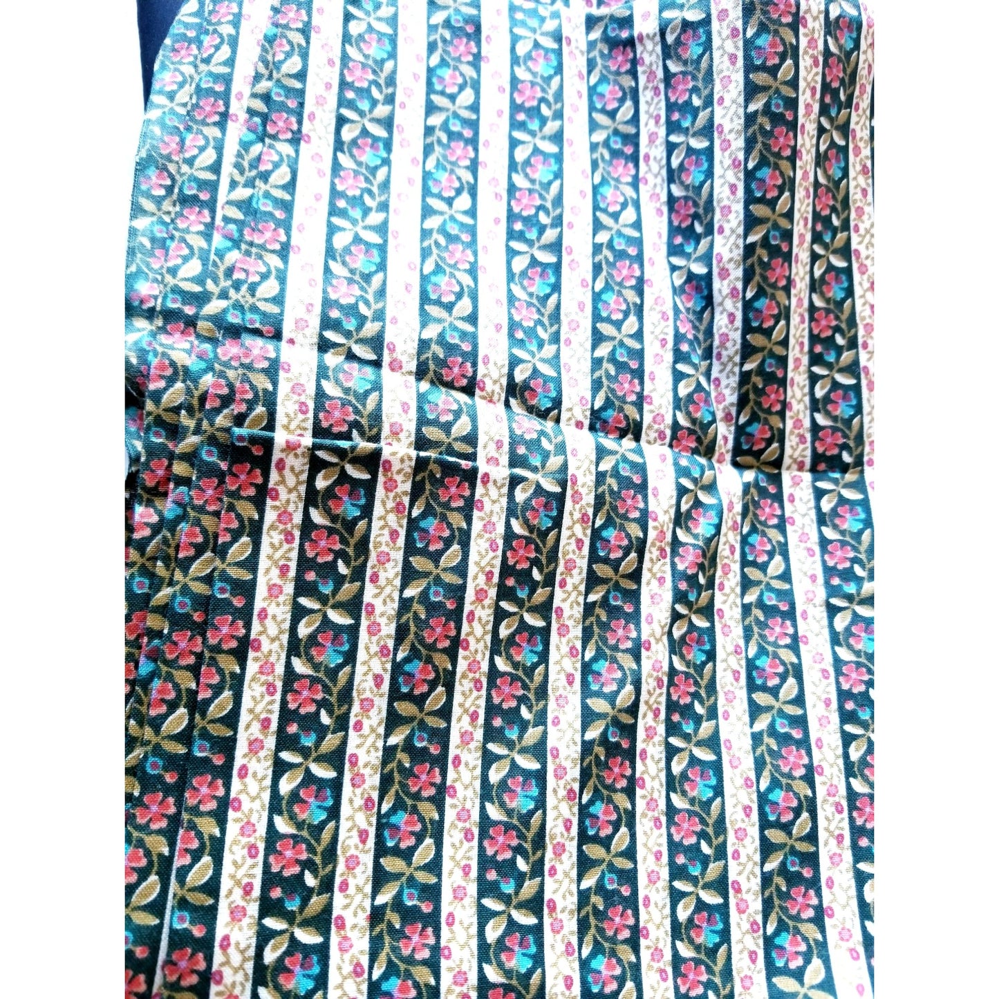 Material Cotton Stripes Blue White Flowers Pink Roses   45" 2 1/2 Yards