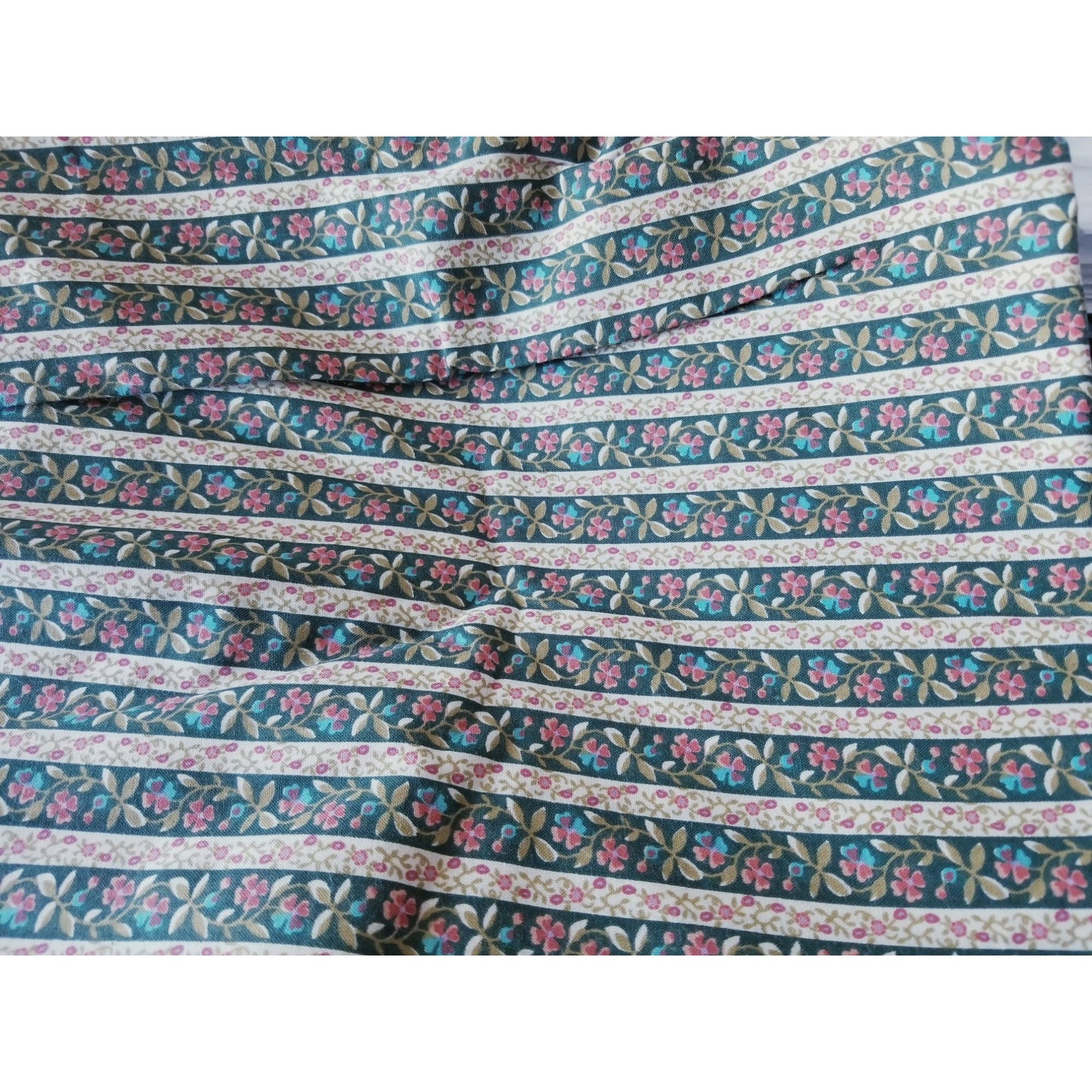Material Cotton Stripes Blue White Flowers Pink Roses   45" 2 1/2 Yards