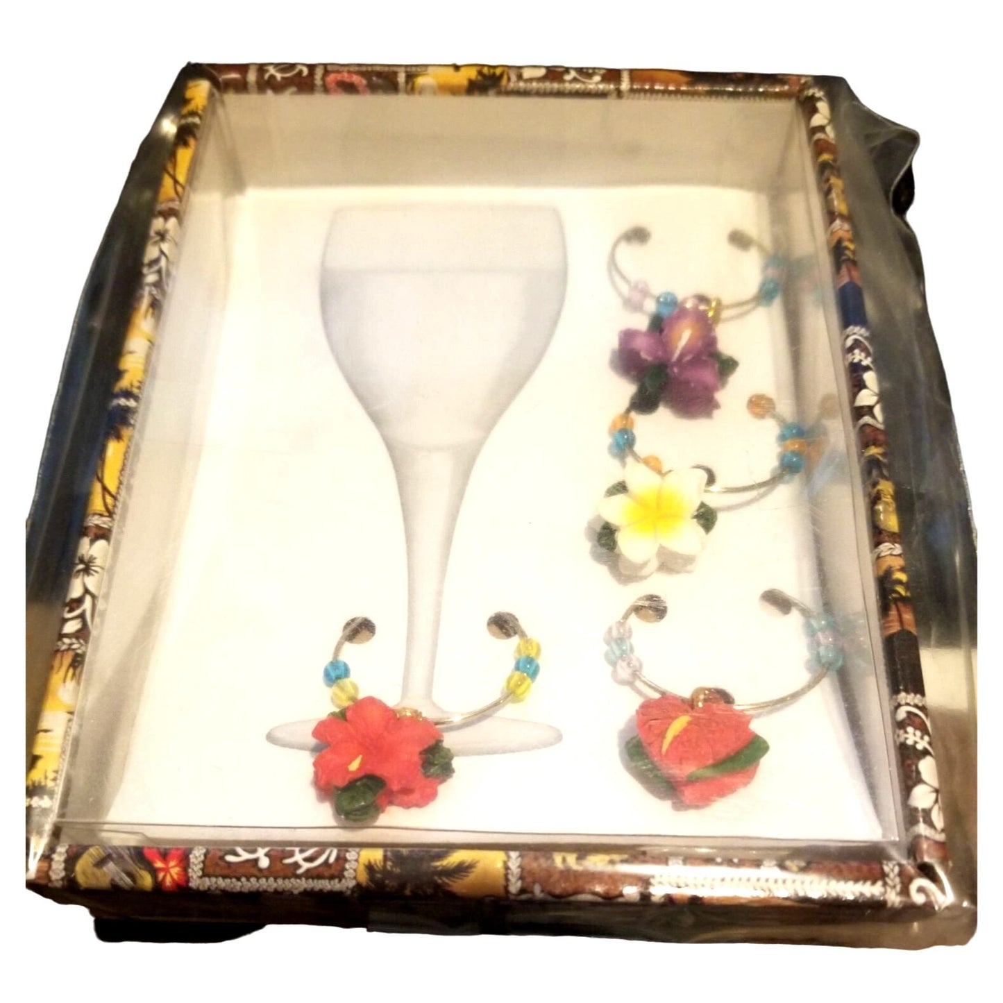 KC Hawaii 4 Wine Charms Flowers Wine Markers