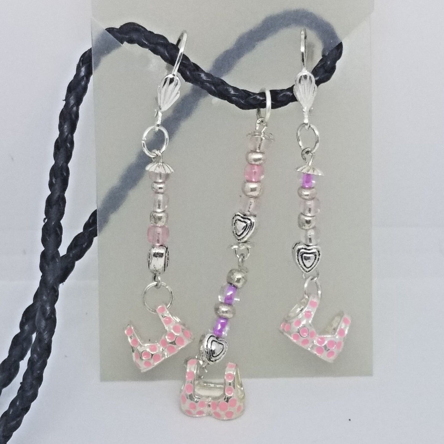 Necklace Earrings Pink Bra Top 1/2 " Charm Silver Heart Bead Black Leather Cord