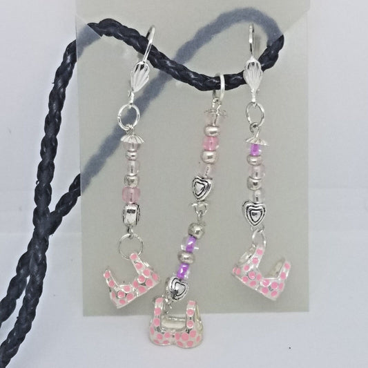 Necklace Earrings Pink Bra Top 1/2 " Charm Silver Heart Bead Black Leather Cord