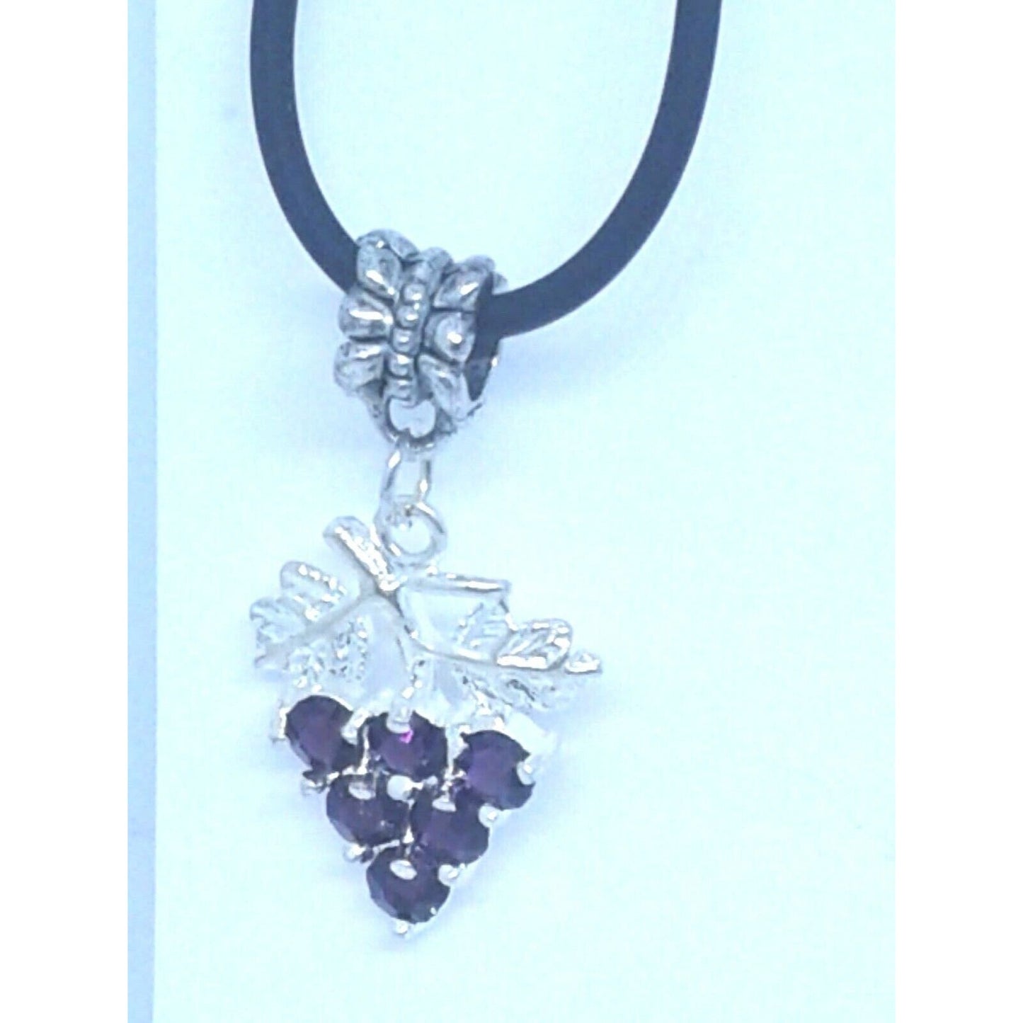 Necklace Purple Crystal Grape Cluster Leaves Vines 1" Long Chain Leather Cord