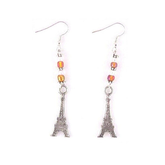 Earrings Eiffel Tower Charms Brown White Beads Sterling Hooks 2" Long