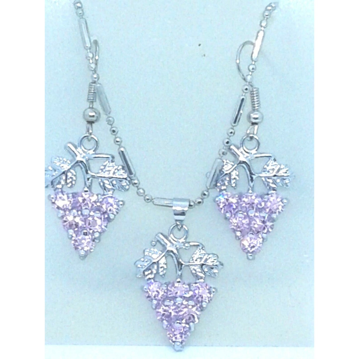 Necklace Earrings Set Pink Crystal Grape Cluster Leaves Vines 1" Long