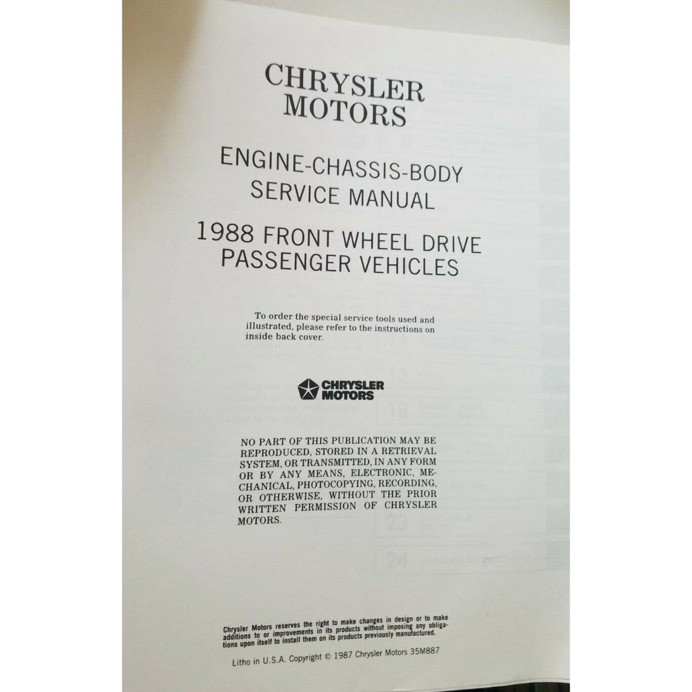 1988 Chrysler Service Manual Engine Chassis & Body Front Wheel Drive Car