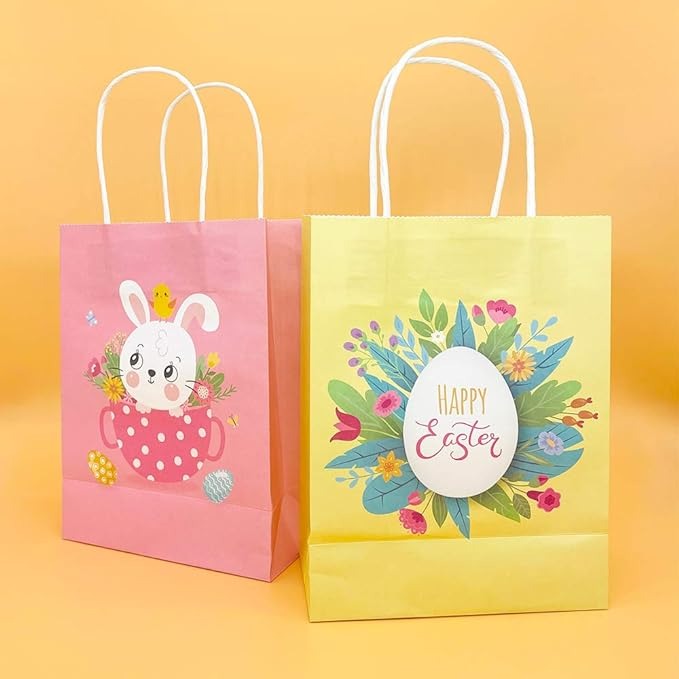 20 Pieces Happy Easter Day Treat Bags with Handles Large Goodie Gift Bags Recycled Cardboard Bags for Kids School Classroom Party Favor Supp