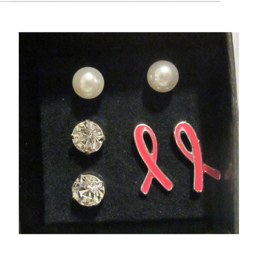 Avon Breast Cancer Crusade 3 PC Earrings Set Featuring  Pink Ribbon