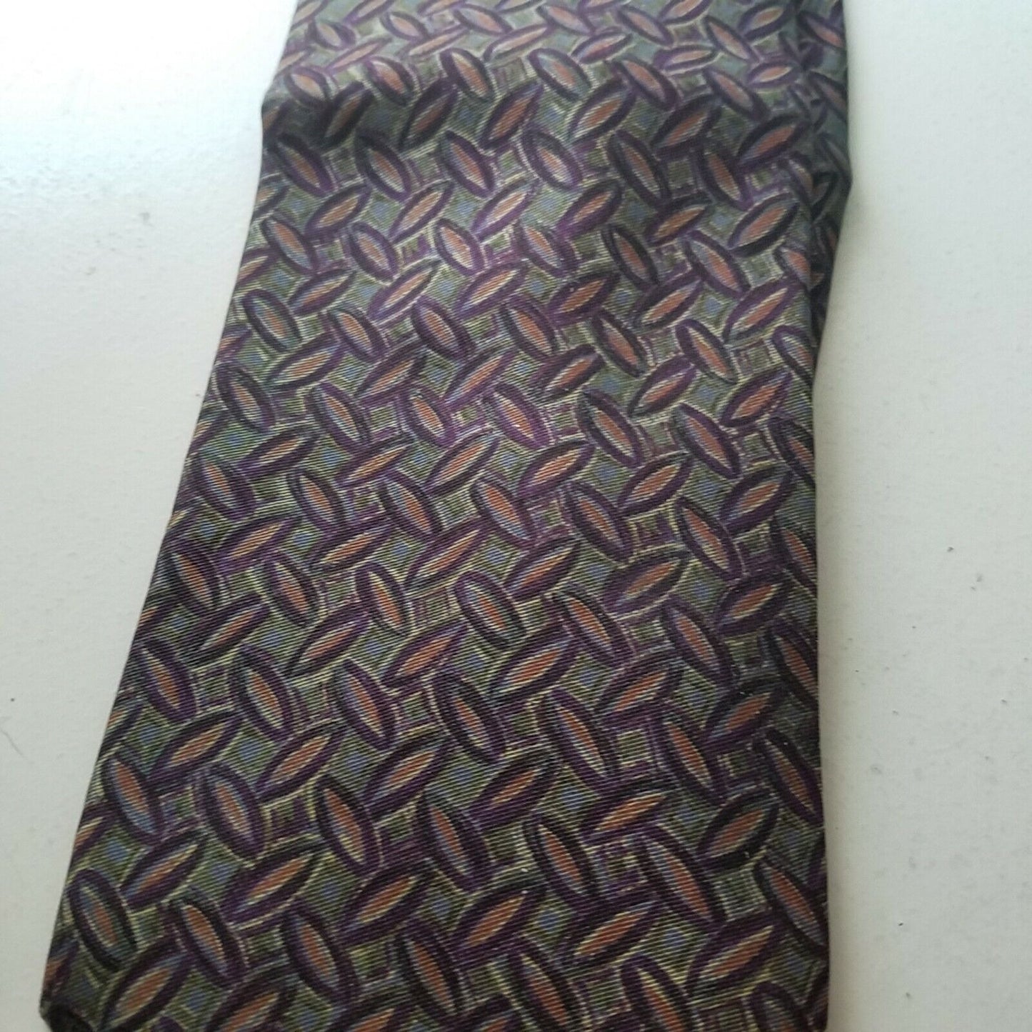 Tie Men's 100 % Silk Neck Calvin Klein Dark Green Brown Oval shapes 60" x 3 3/4"