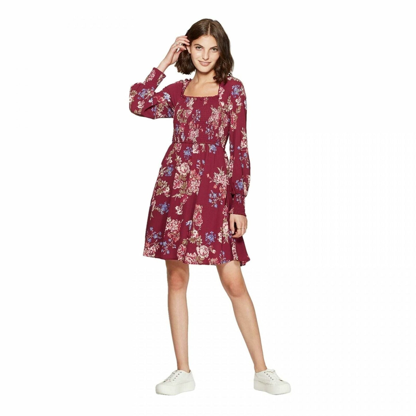 Dress Xhilaration Women's Size S Burgundy Floral Print Long Sleeve Square Neck