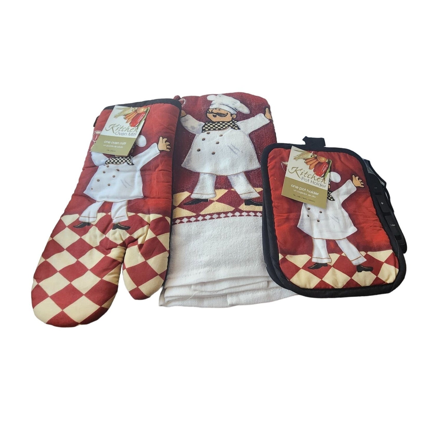 Kitchen  5 Piece Set Chef Wine Glass  2 Towels 2 Pot Holders, 1 Oven Mitt  100% Cotton