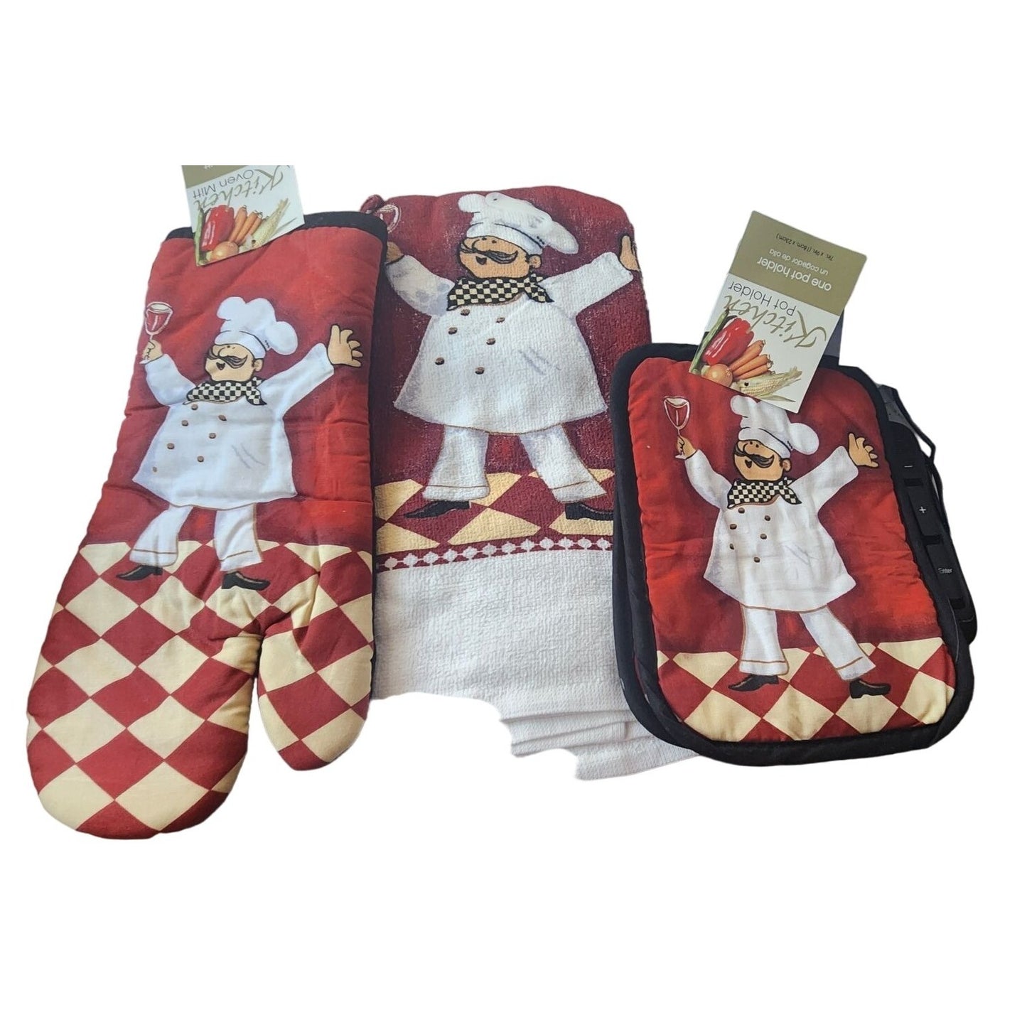Kitchen  5 Piece Set Chef Wine Glass  2 Towels 2 Pot Holders, 1 Oven Mitt  100% Cotton