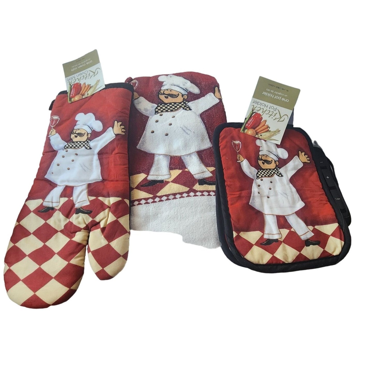 Kitchen  5 Piece Set Chef Wine Glass  2 Towels 2 Pot Holders, 1 Oven Mitt  100% Cotton