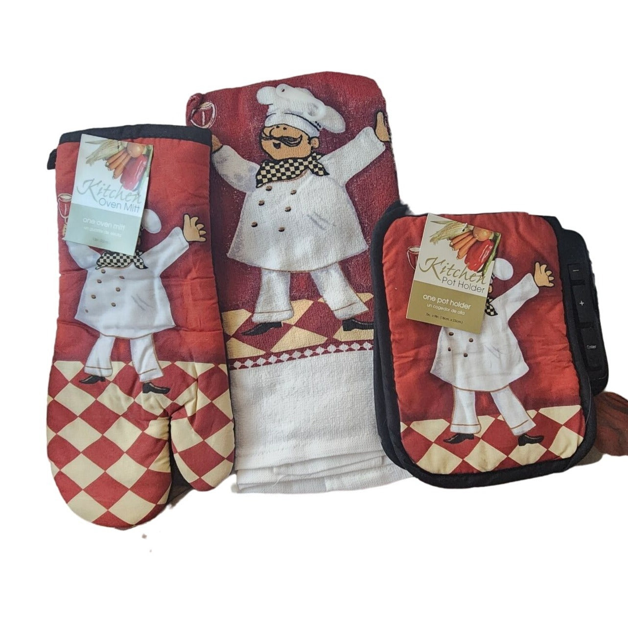 Kitchen  5 Piece Set Chef Wine Glass  2 Towels 2 Pot Holders, 1 Oven Mitt  100% Cotton
