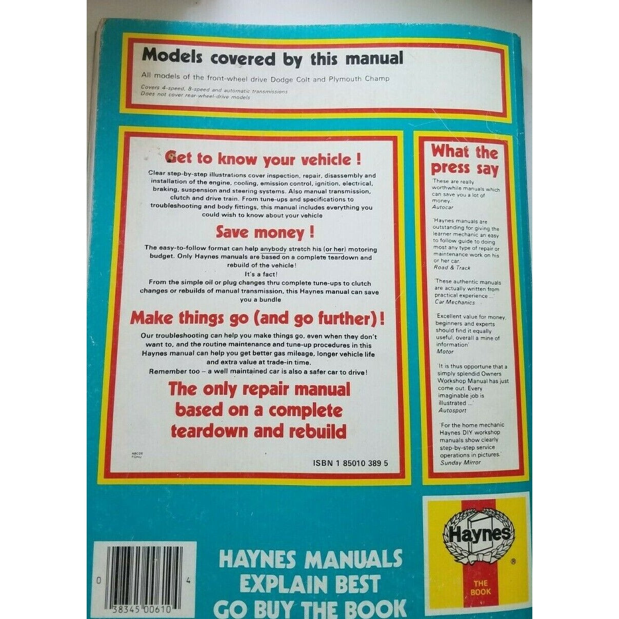 Book 1978 thru 1987  Haynes Dodge Colt Plymouth Champ Owners Workshop Manual