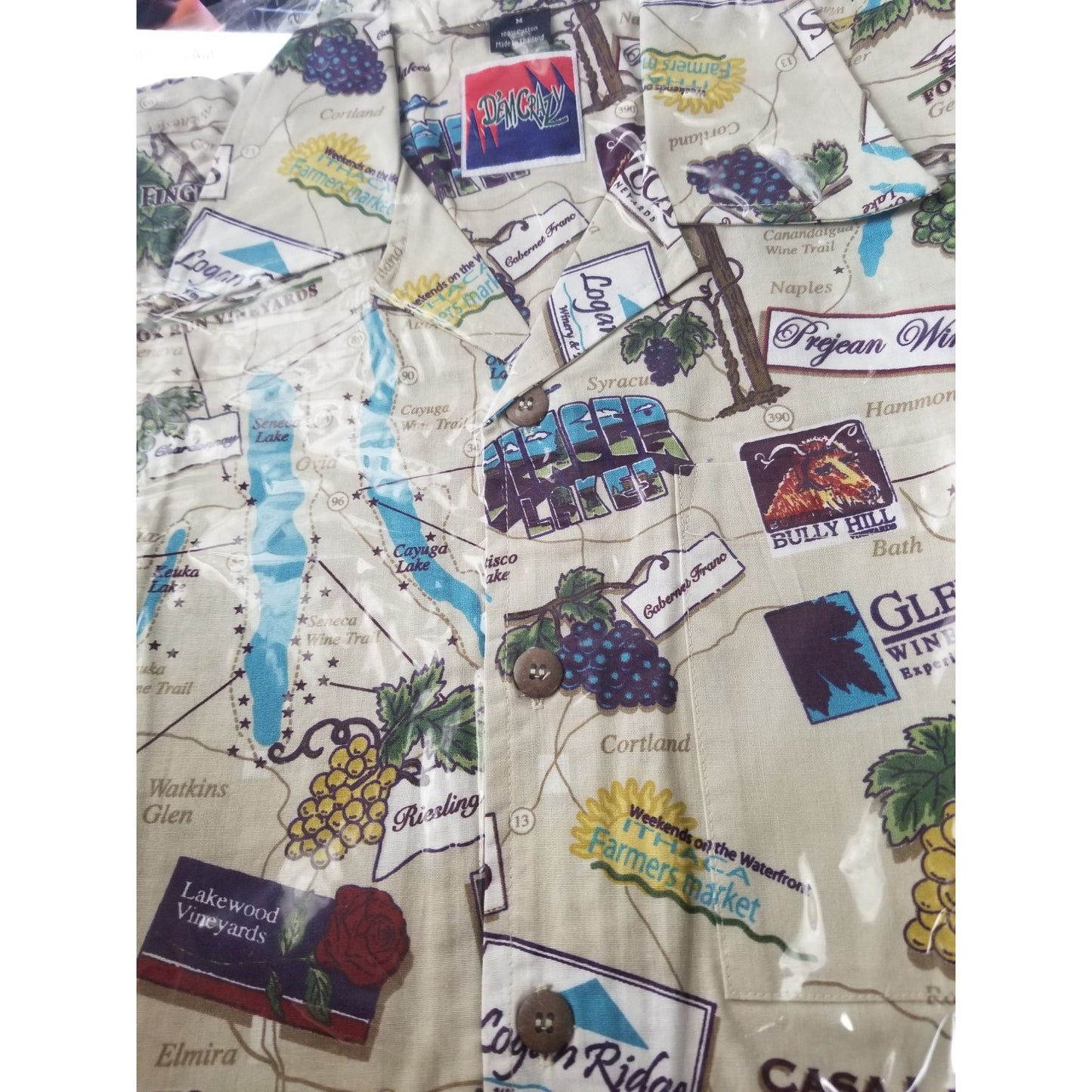 DemCrazy Size M Vintage Finger Lakes Winery Map Print Button-Up Shirt 100% Cotton Made In Thailand