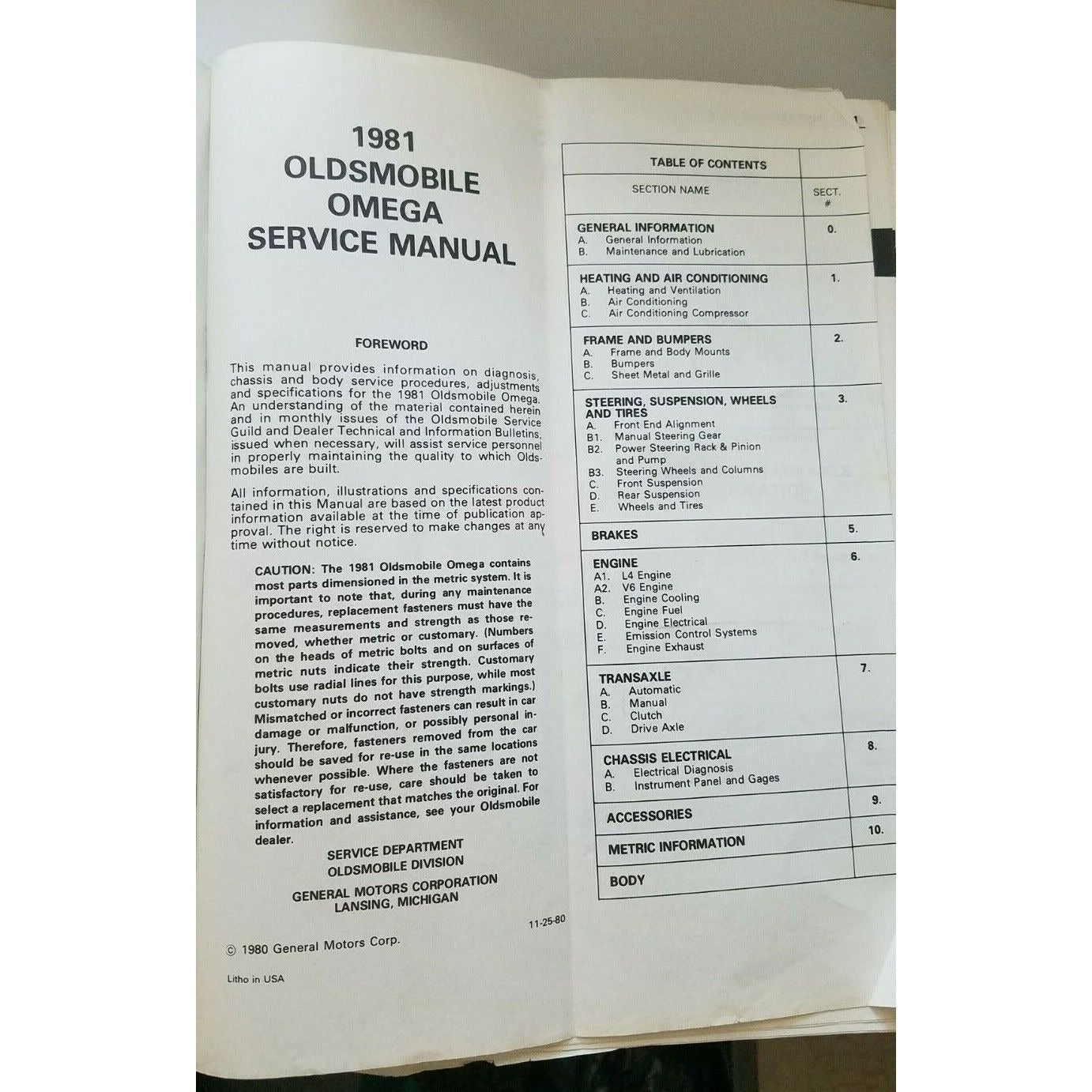 1981 Oldsmobile Omega Service Manual Automobile Shop General Motors