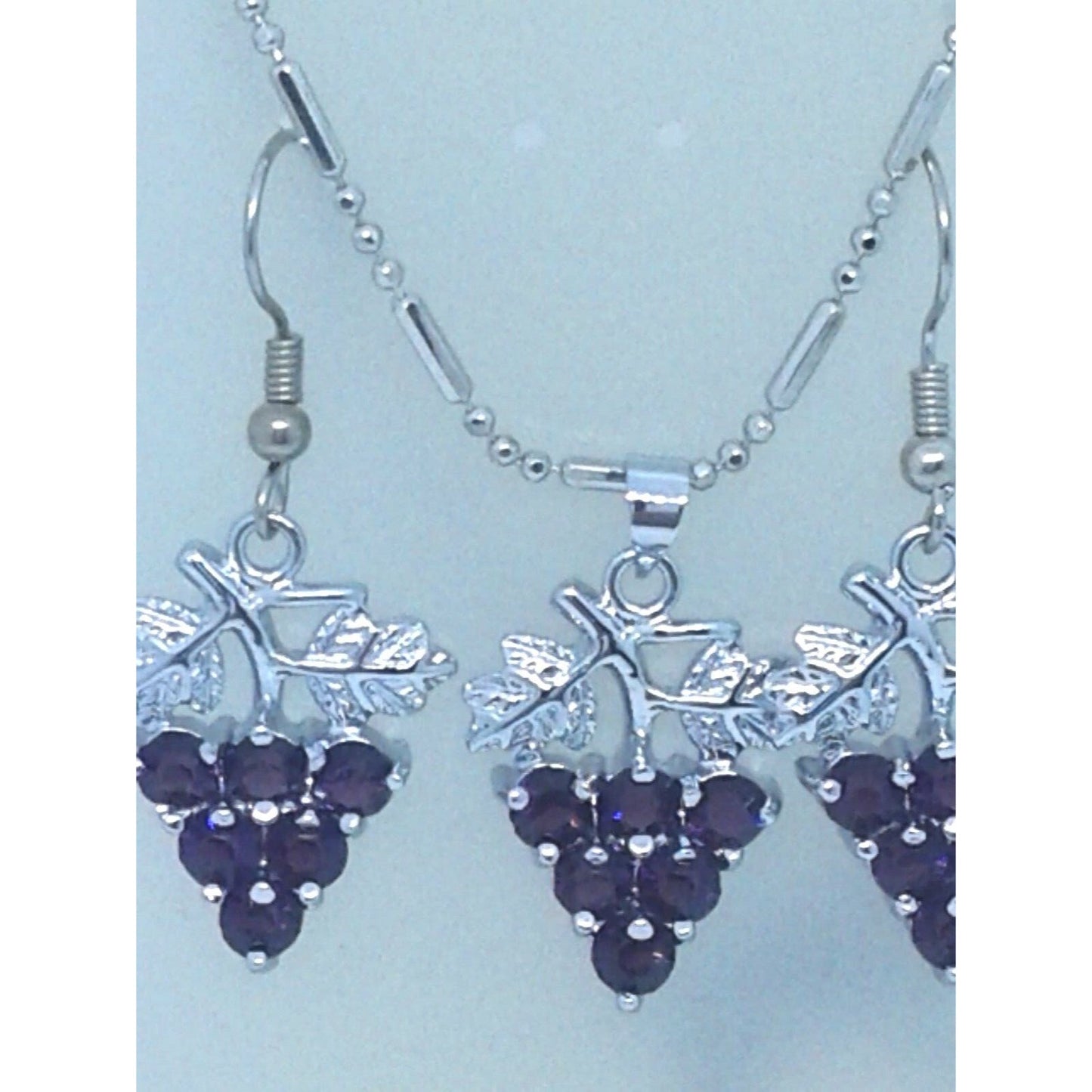 Necklace Earrings Set Purple Crystal Grape Cluster Leaves Vines 1" Long Silver