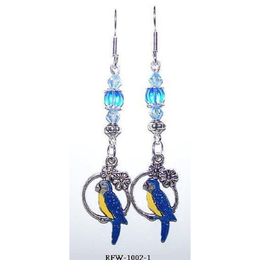 Earrings Blue Parrot Hoop Flowers Blue Silver Bead Caps  2" long Sterling Hook