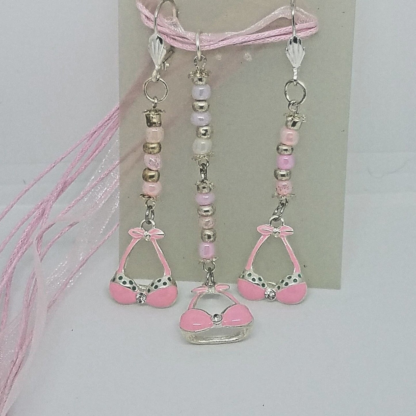 Necklace Earrings Bikini Bra Top 1/2 " Charm Pink Silver Beads Pink Ribbon Cord