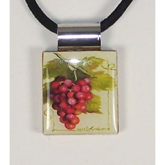 Necklace 1" Red Grape Cluster Wine Printed Scrabble Game Tile Leather Cord