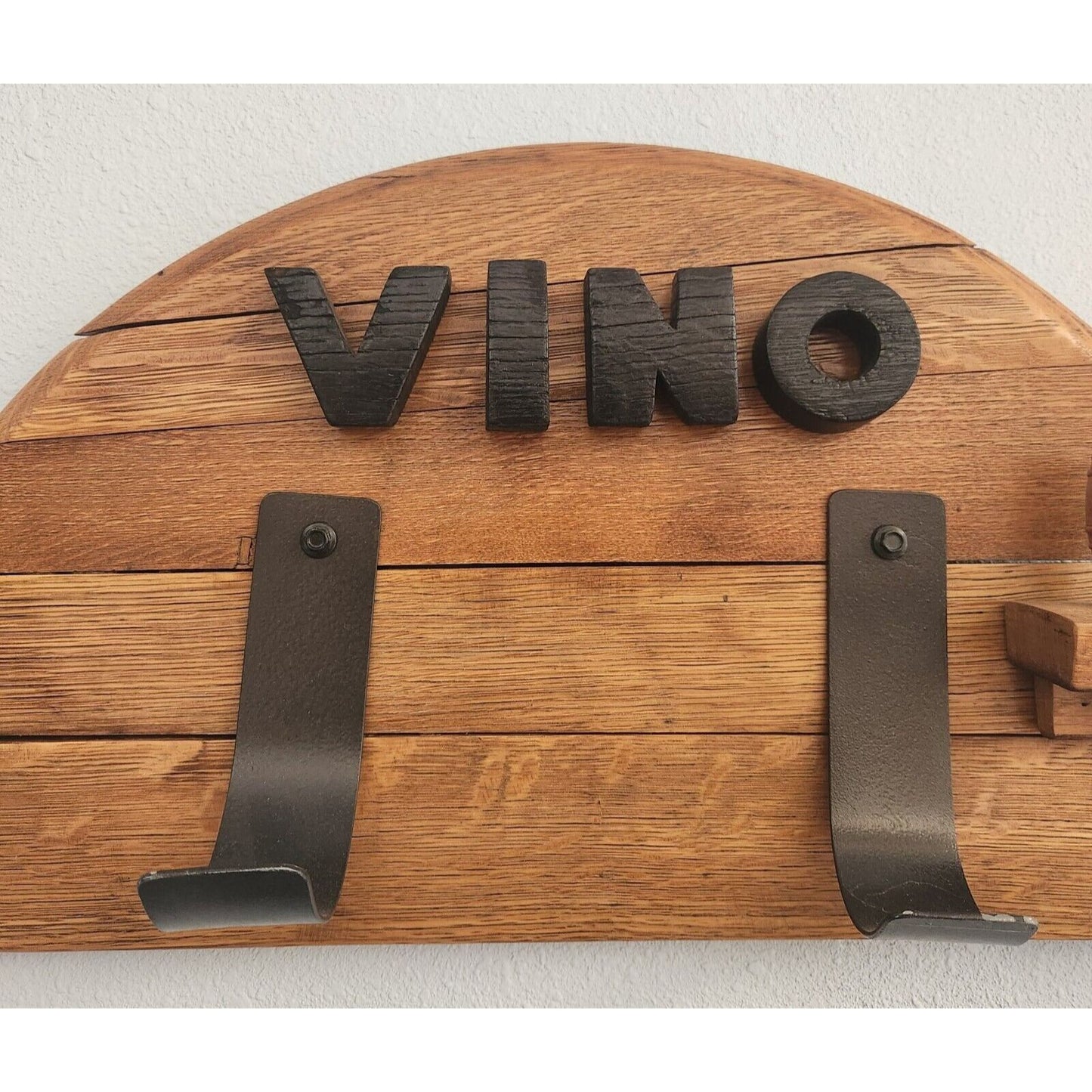 Wine Bottle Holder Says " Vino" with Bottle Stopper Made from Barrel Stave Ring