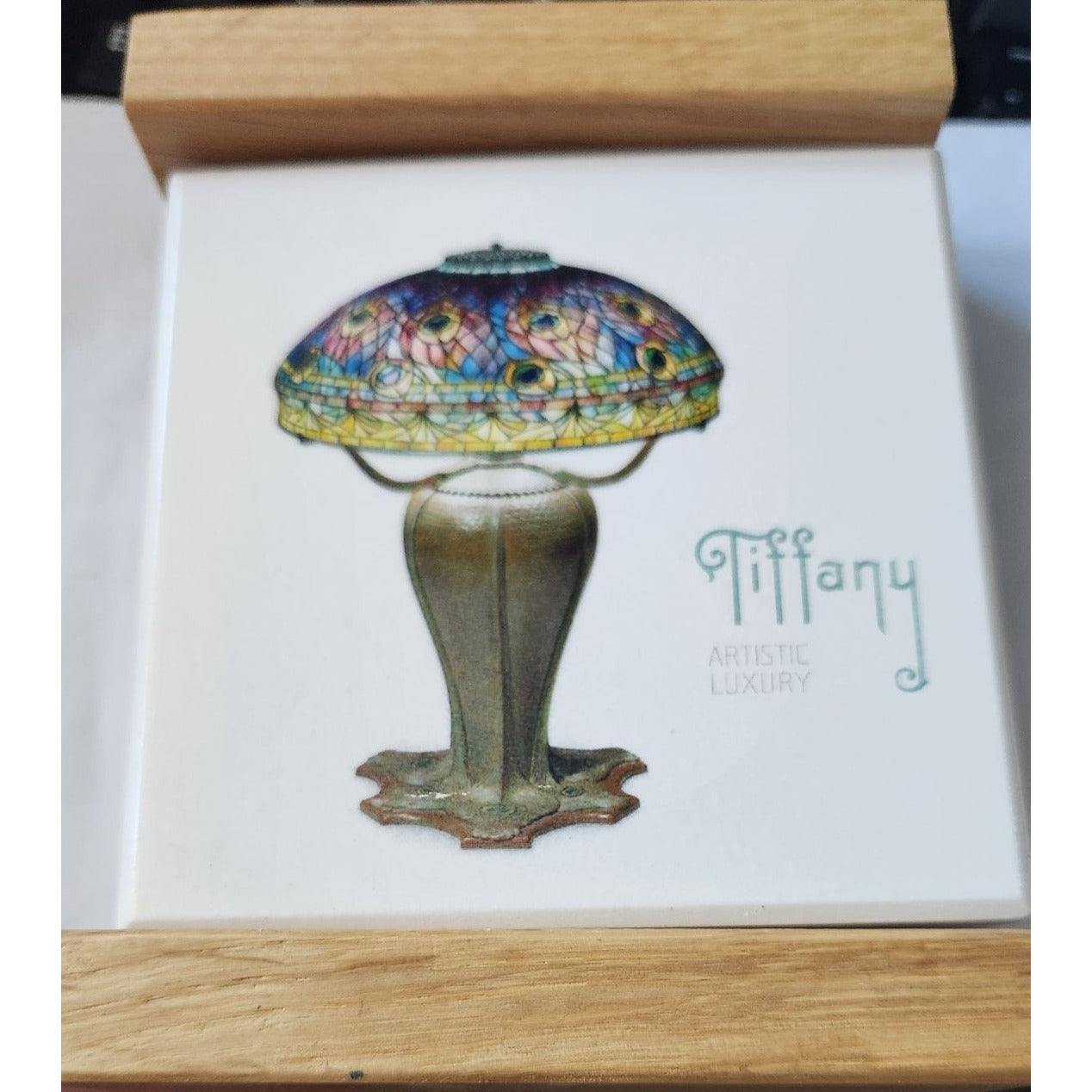 Absorbent Stone Coaster & Wood Tray Set of 4 Faberge Tiffany Cork Back