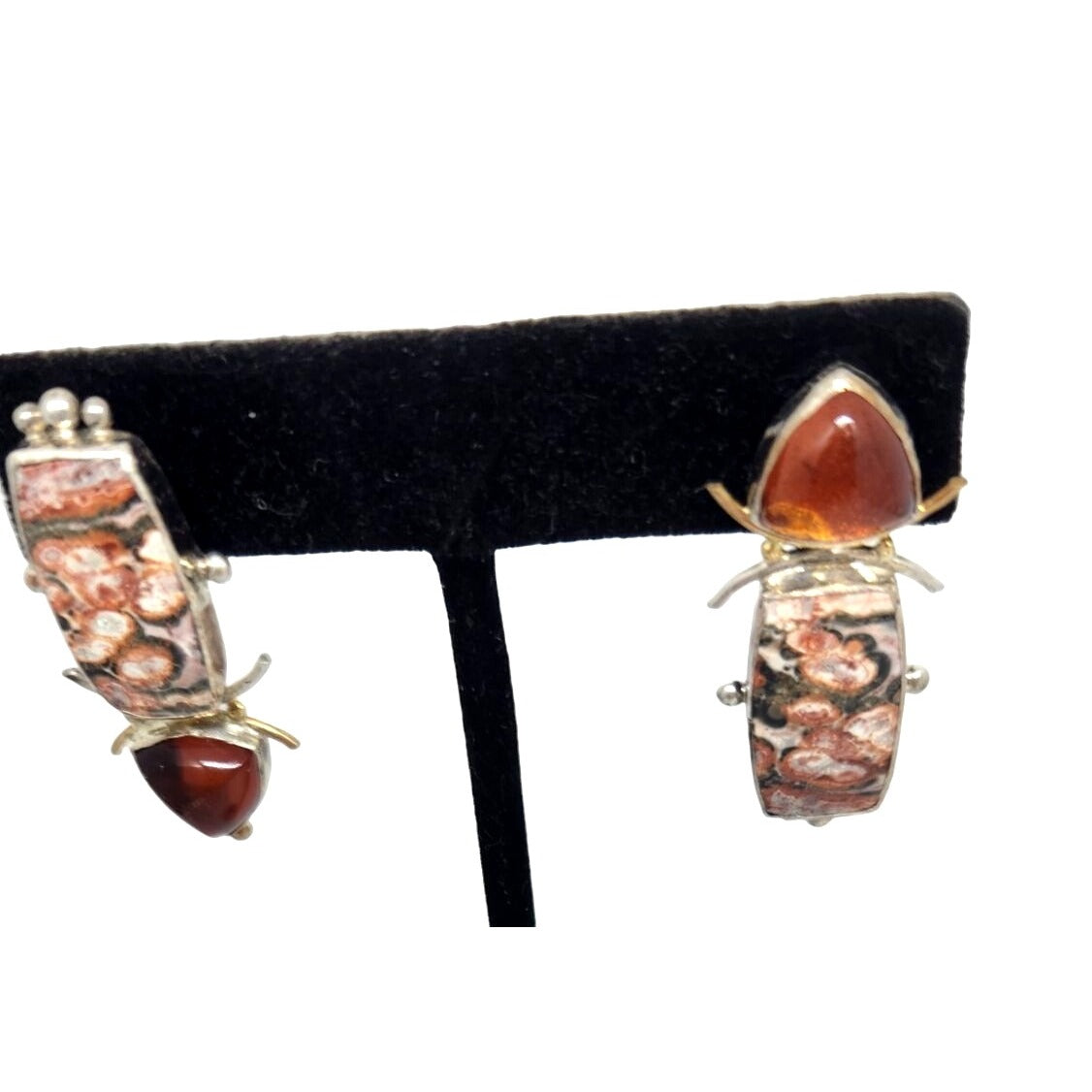 Amber & Jasper Earrings 9.3 gr  925 Silver 14k Gold Silver Post 40mm x 15mm Jerry & Fran Harr