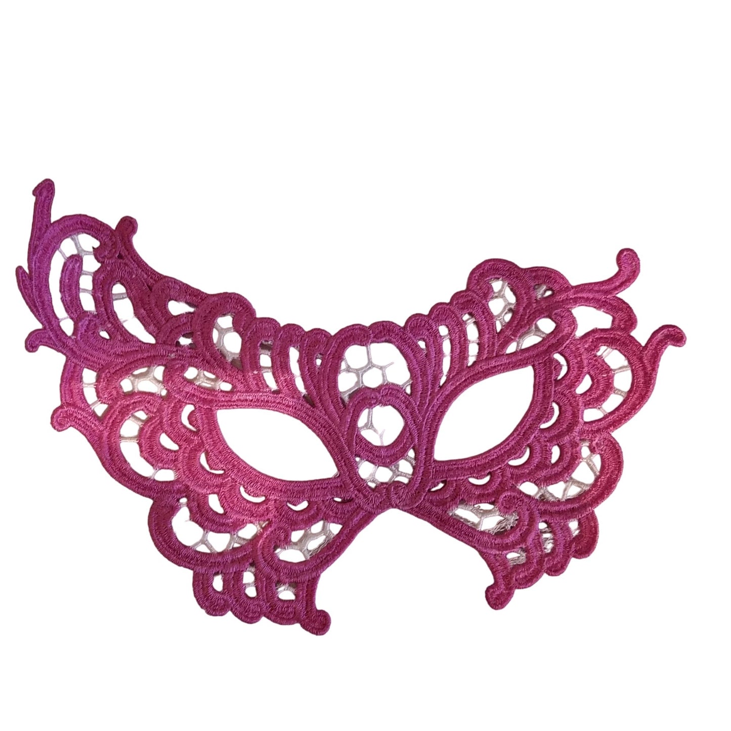 Embroidered Mardi Gras Mask 9 x 5 Pink White Decorate Add a stick Ribbons Jewels glitter Rinse in Water to make softer before you decorate