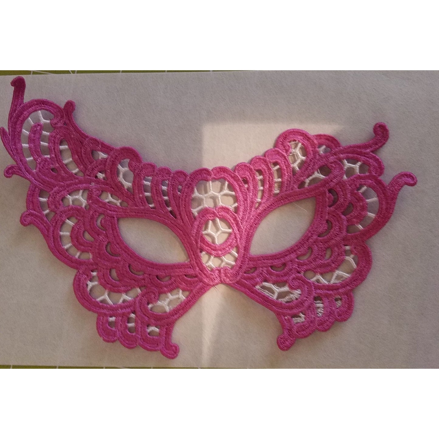 Embroidered Mardi Gras Mask 9 x 5 Pink White Decorate Add a stick Ribbons Jewels glitter Rinse in Water to make softer before you decorate