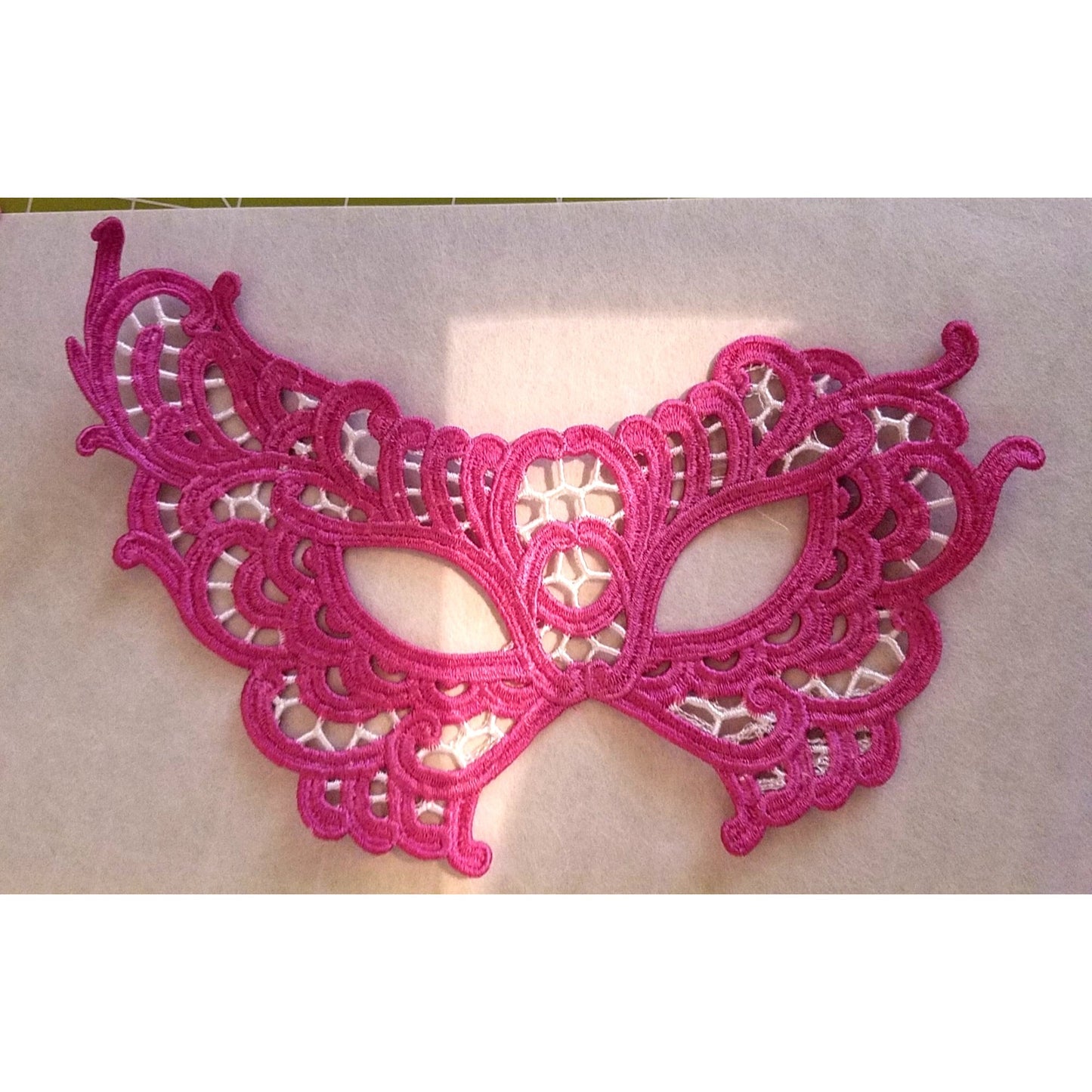 Embroidered Mardi Gras Mask 9 x 5 Pink White Decorate Add a stick Ribbons Jewels glitter Rinse in Water to make softer before you decorate