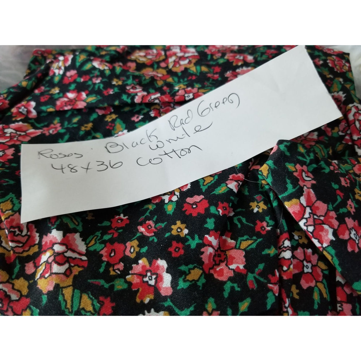 Material Black White Red Pink  Green Leaves Cotton Flowers Red White 48 " x 36"