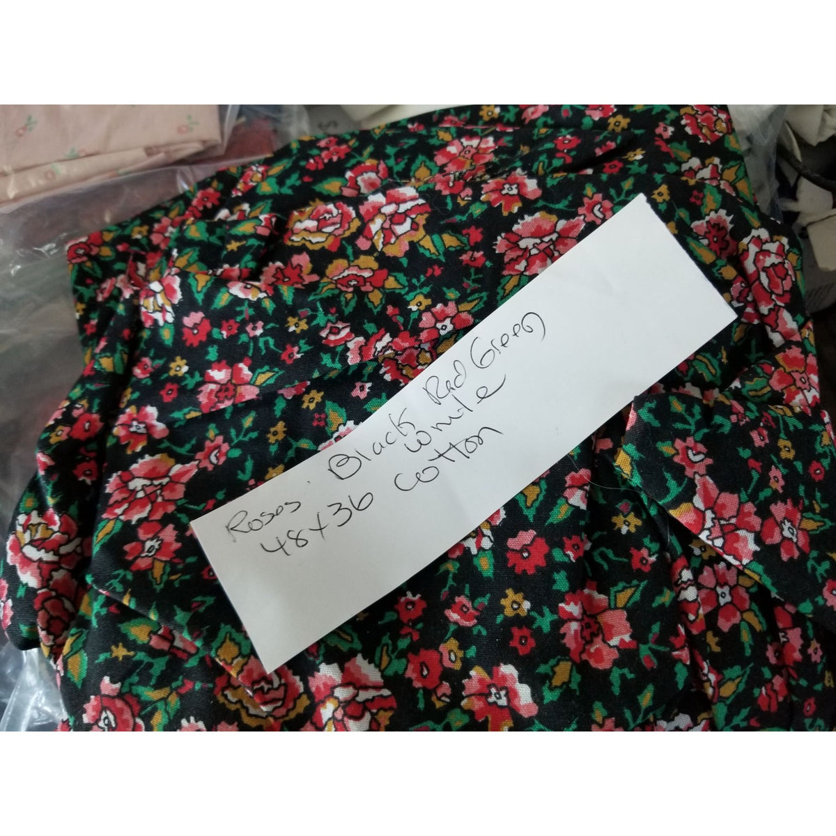 Material Black White Red Pink  Green Leaves Cotton Flowers Red White 48 " x 36"