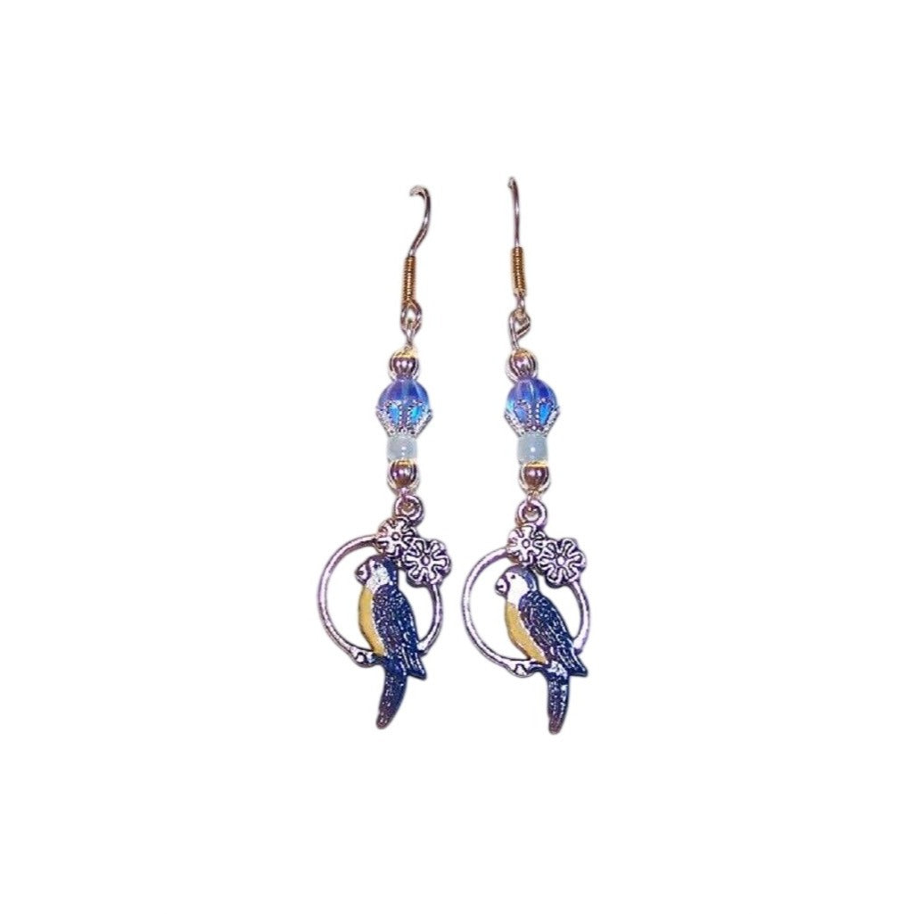 Earrings Blue Parrot Charm Flowers Blue Silver Bead Caps  2" long Sterling Hook