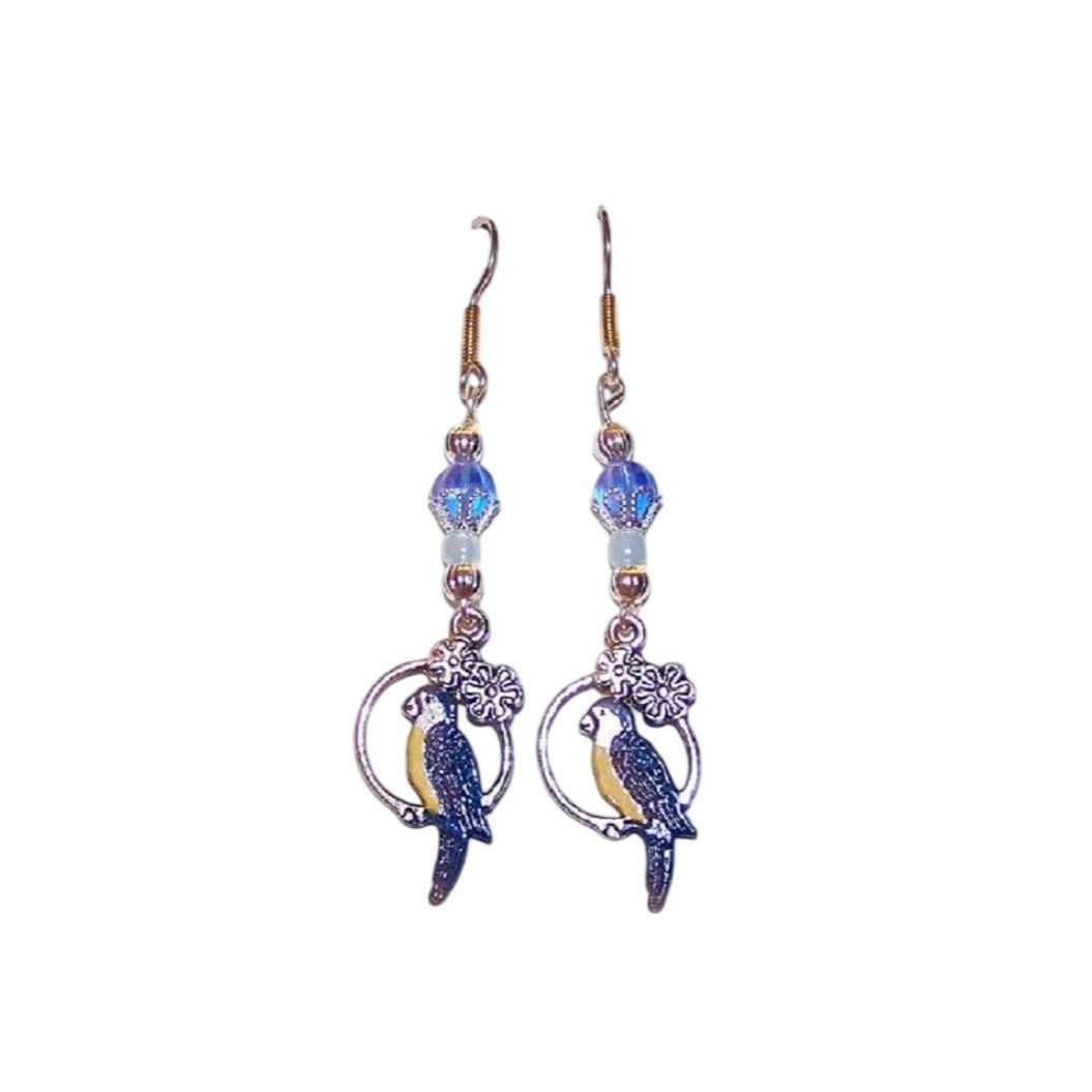 Earrings Blue Parrot Charm Flowers Blue Silver Bead Caps  2" long Sterling Hook