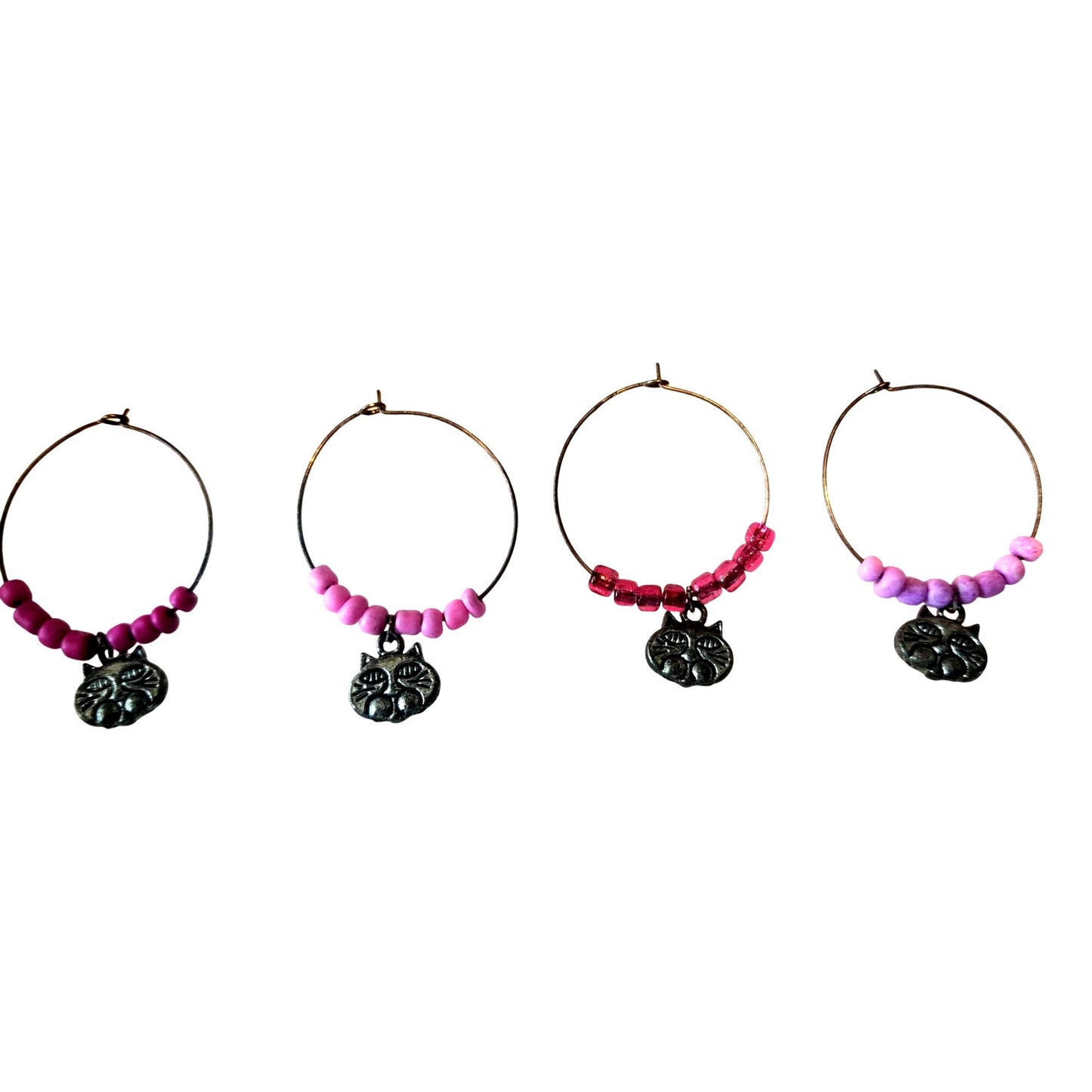 Wine Charms 1"  Charm Beads Silver Hoops Set of 4  Cats Pink Red Beads