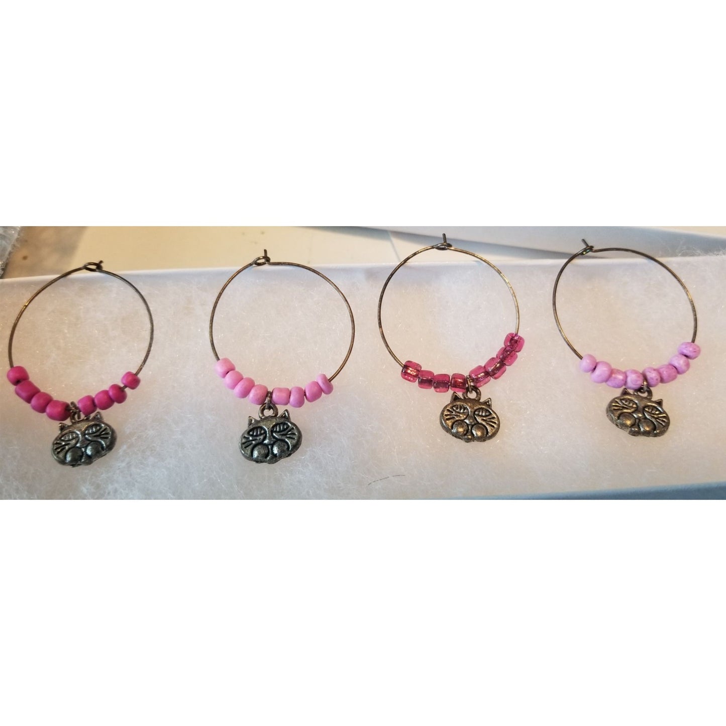 Wine Charms 1"  Charm Beads Silver Hoops Set of 4  Cats Pink Red Beads
