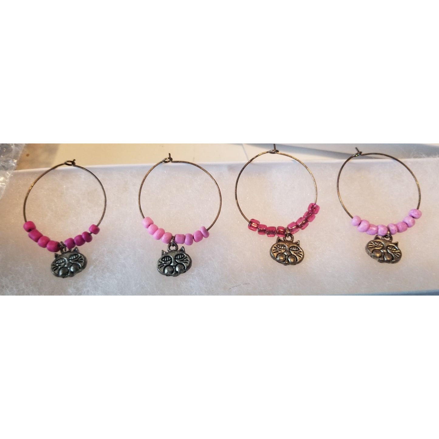 Wine Charms 1"  Charm Beads Silver Hoops Set of 4  Cats Pink Red Beads