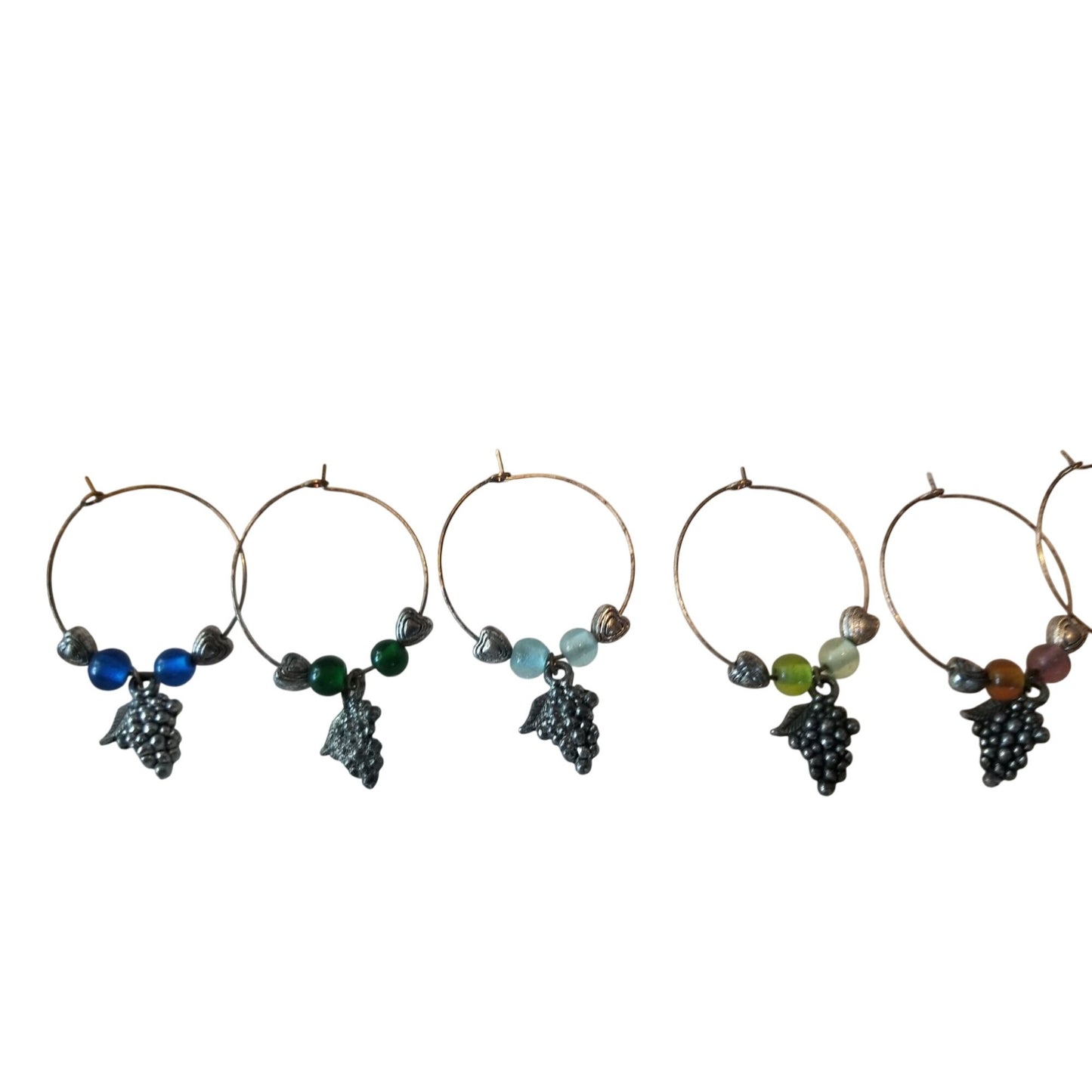 Wine Charms 1"  Charm Beads Silver Hoops Set of 6  Silver Grape Cluster