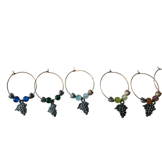 Wine Charms 1"  Charm Beads Silver Hoops Set of 6  Silver Grape Cluster
