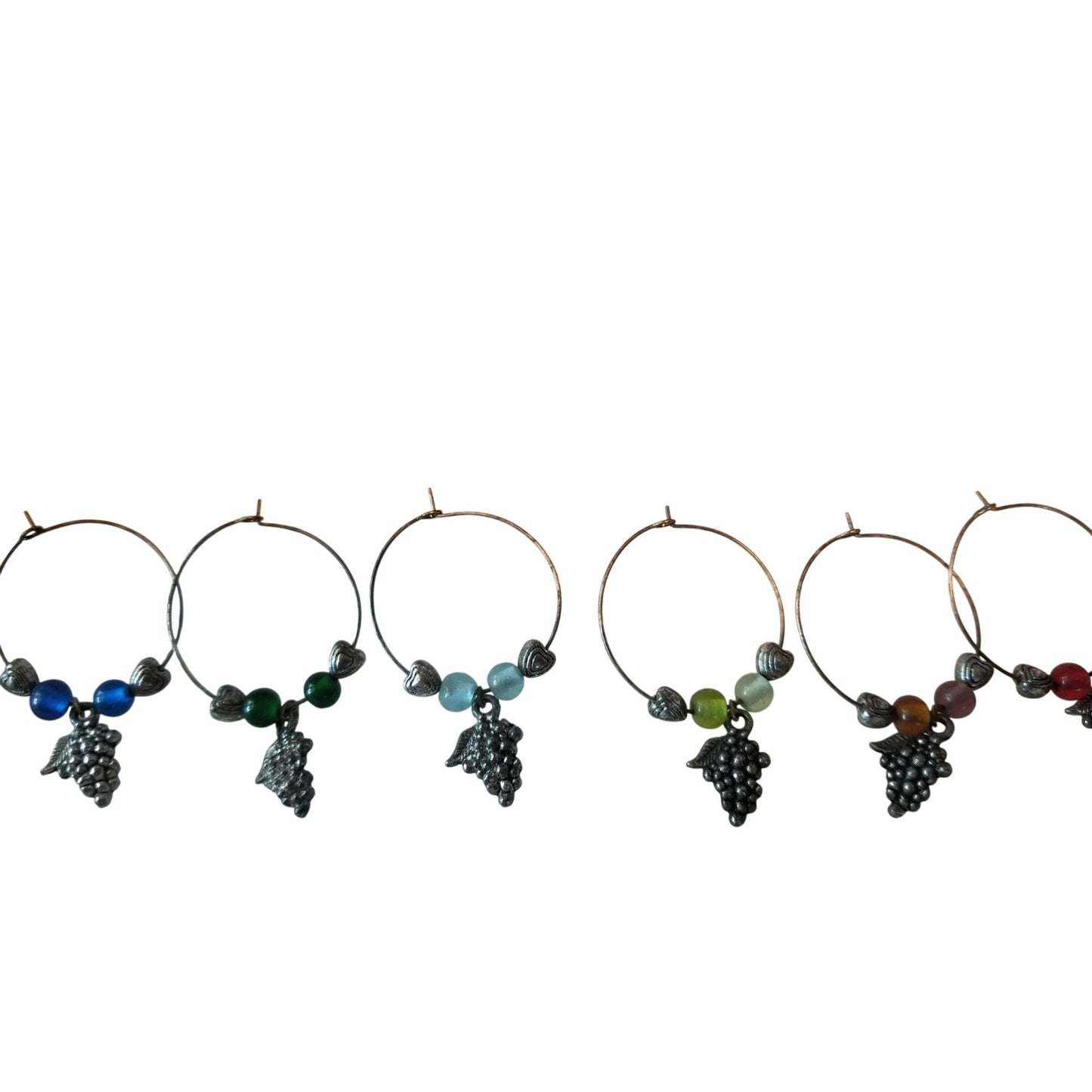 Wine Charms 1"  Charm Beads Silver Hoops Set of 6  Silver Grape Cluster