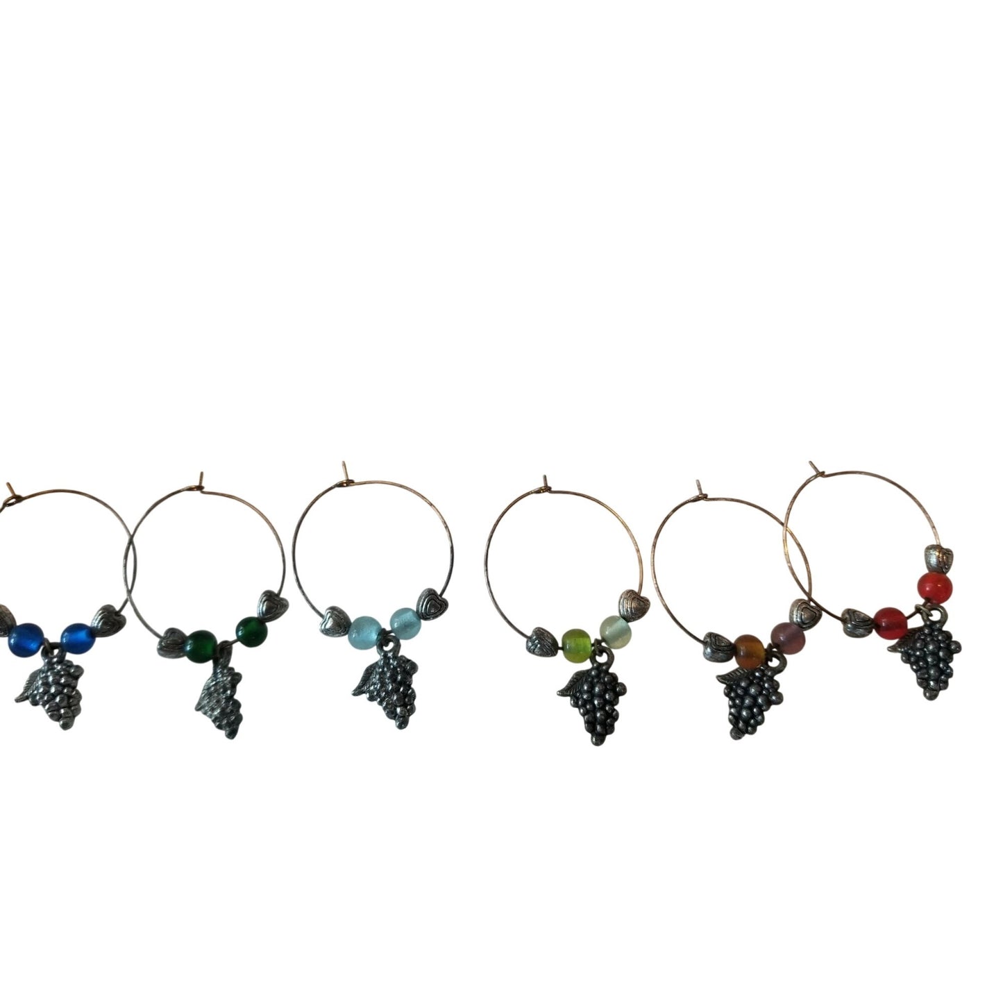 Wine Charms 1"  Charm Beads Silver Hoops Set of 6  Silver Grape Cluster